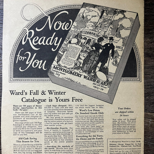 Montgomery Ward & Co Winter 1925-26 Catalog Offer Vintage Magazine Ad 10x14 V7