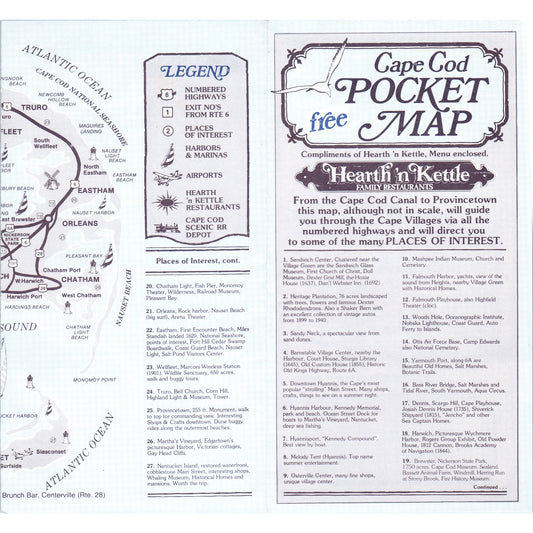 Vintage Cape Cod Hearth 'n Kettle Restaurant Fold Out Menu & Pocket Map TH2-O2