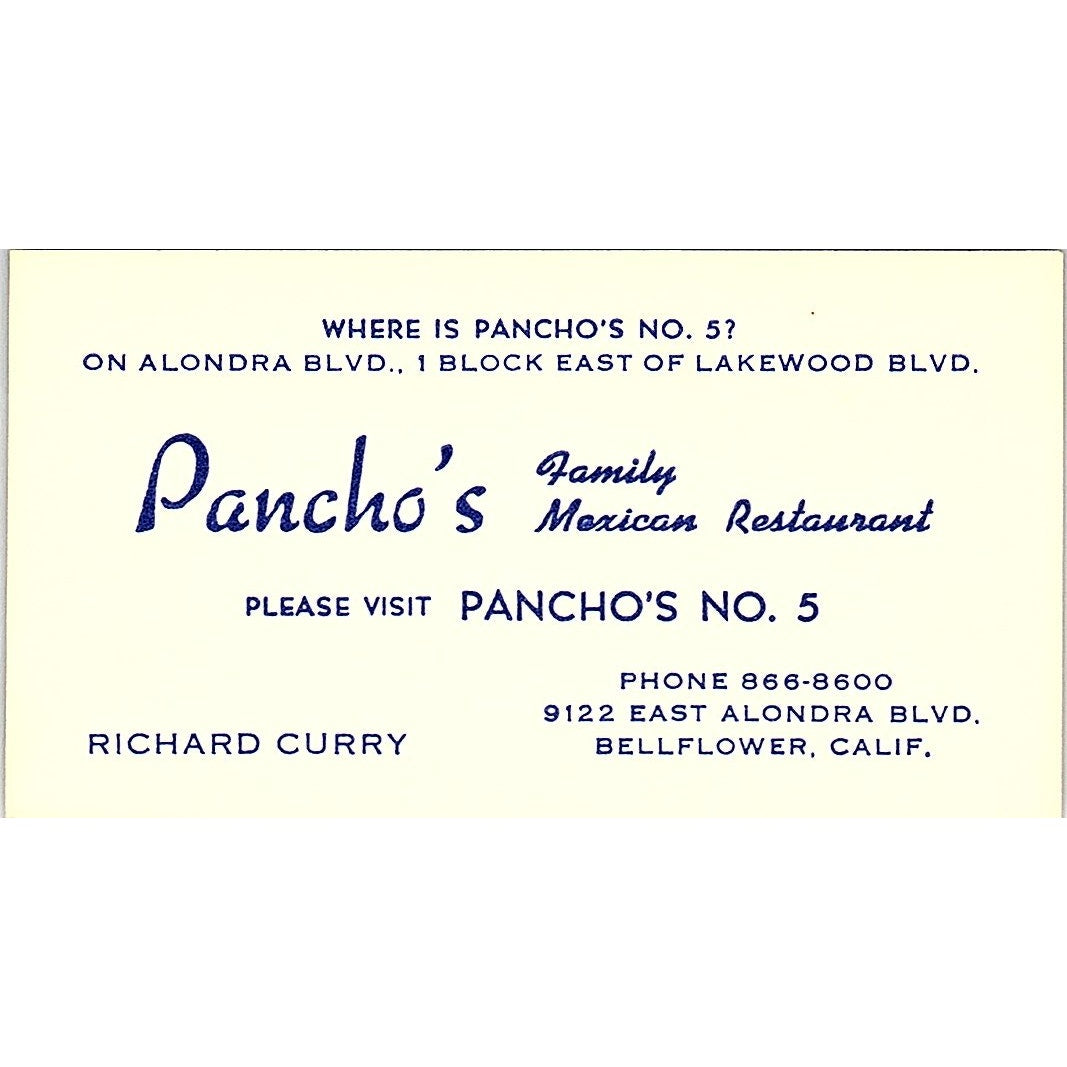 Richard Curry Pancho's No 5 Mexican Restaurant Bellflower Business Card SD9-B9