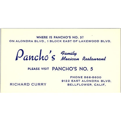 Richard Curry Pancho's No 5 Mexican Restaurant Bellflower Business Card SD9-B9