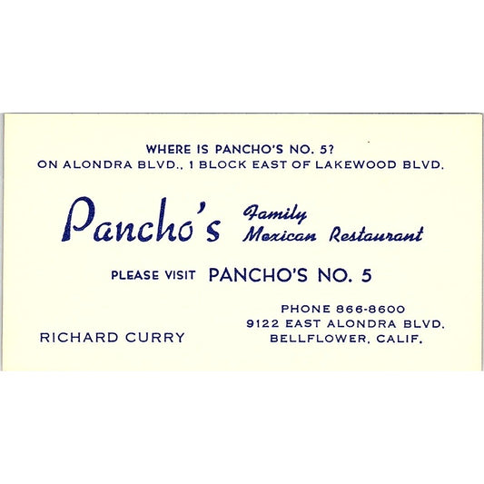 Richard Curry Pancho's No 5 Mexican Restaurant Bellflower Business Card SD9-B9