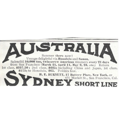 Australia Sydney Short Line San Francisco CA HE Burnett c1920 Harper's Ad AG4-S7