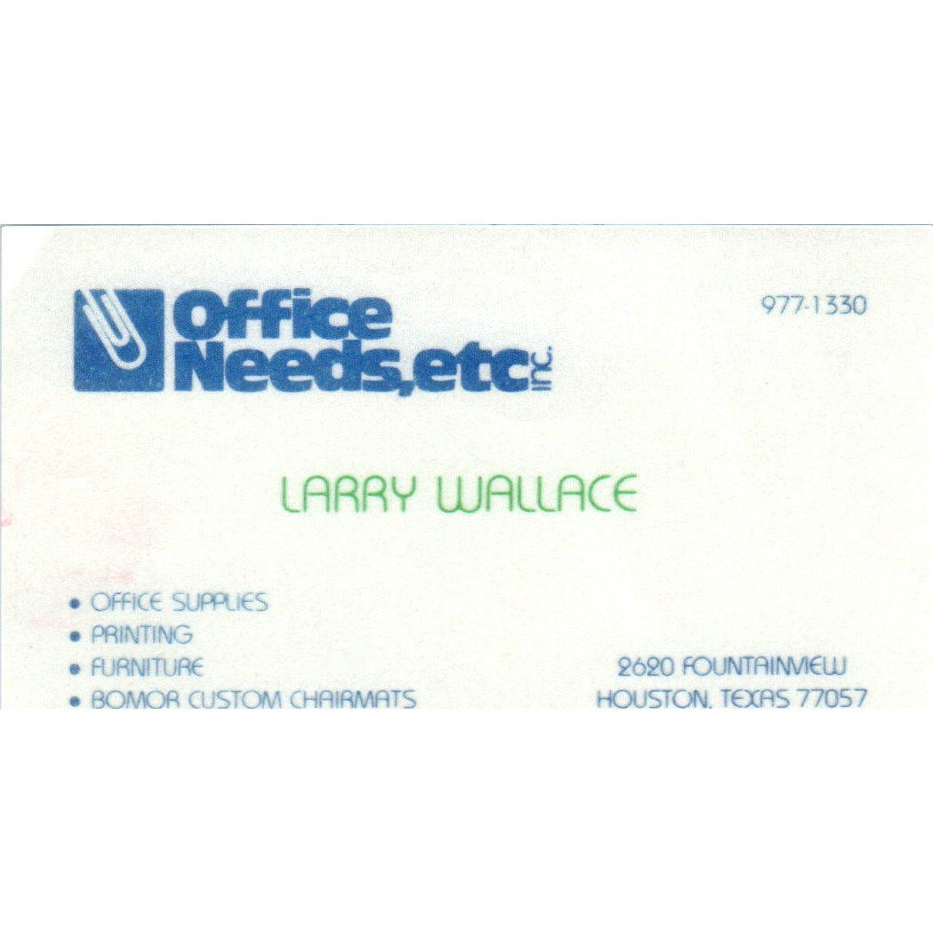 Larry Wallace Office Needs, Etc. Houston TX Vintage Business Card SE3-B5