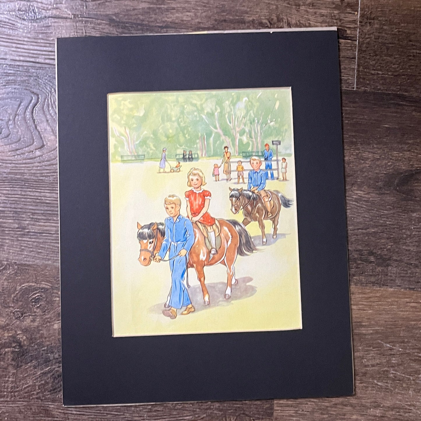 Retro Kitsch Children's Book Illustration Children Horses Matted Print 10x13 V10