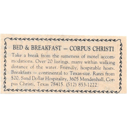Bed & Breakfast Sand Dollar Hospitality Corpus Christi TX 1984 Ad AF6-M3