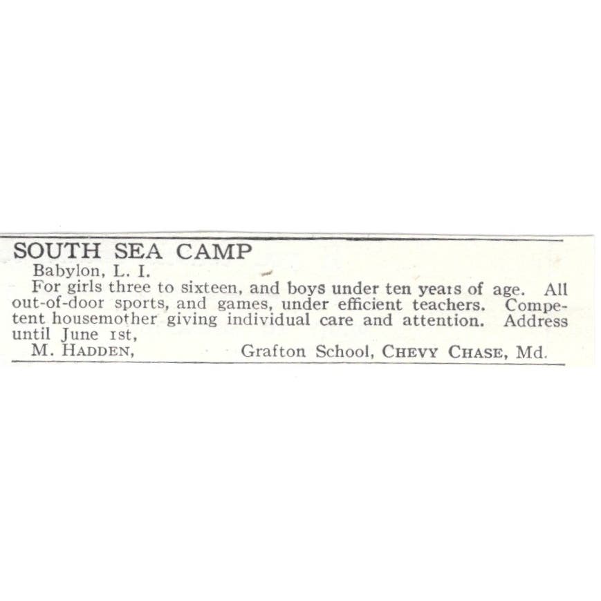 South Sea Camp Babylon Long Island M. Haden c1918 Original Advertisement AE5-SA6