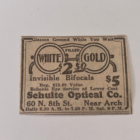 Schulte Optical Co. Invisible Bifocals Brooklyn NY 1931 Newspaper Ad SAG4-S13