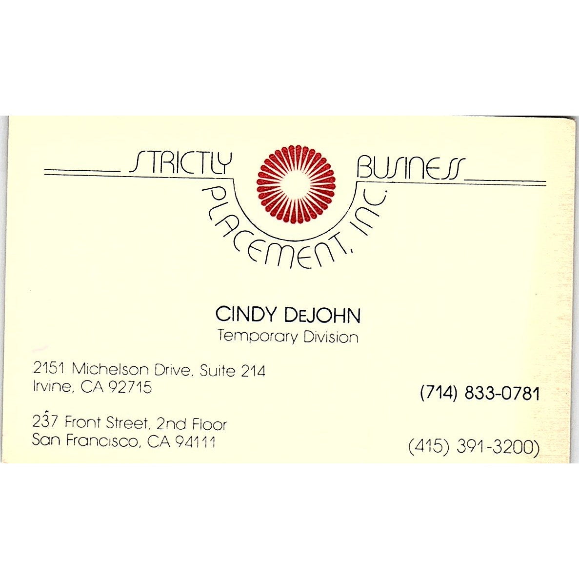 Cindy DeJohn Strictly Business Placement San Francisco Vtg Business Card TH2-B1
