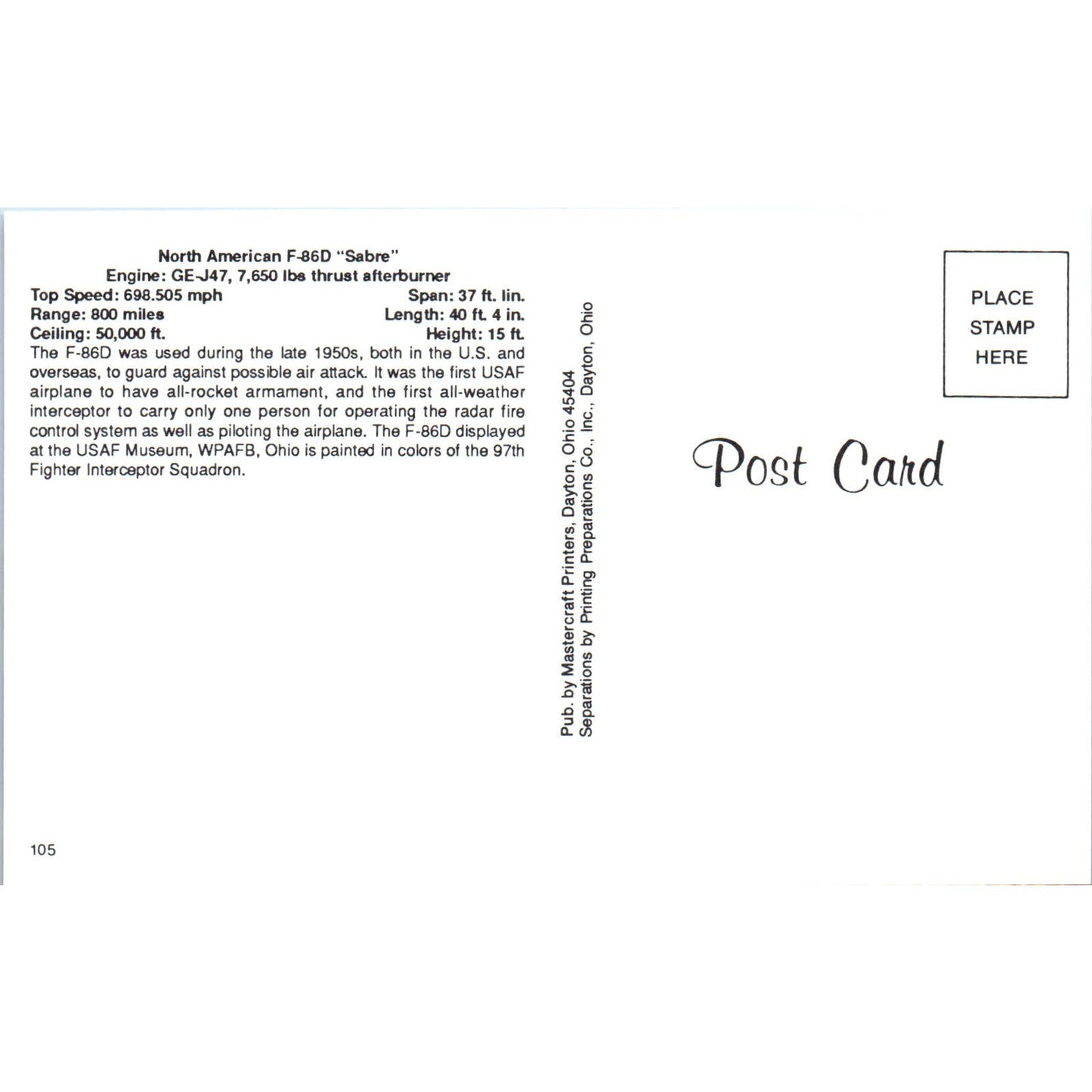 North American F-86D Sabre Vintage Postcard TG8-PC