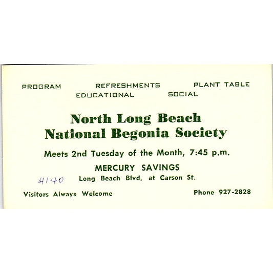 North Long Beach National Begonia Society Long Beach, CA Business Card SF3-B8