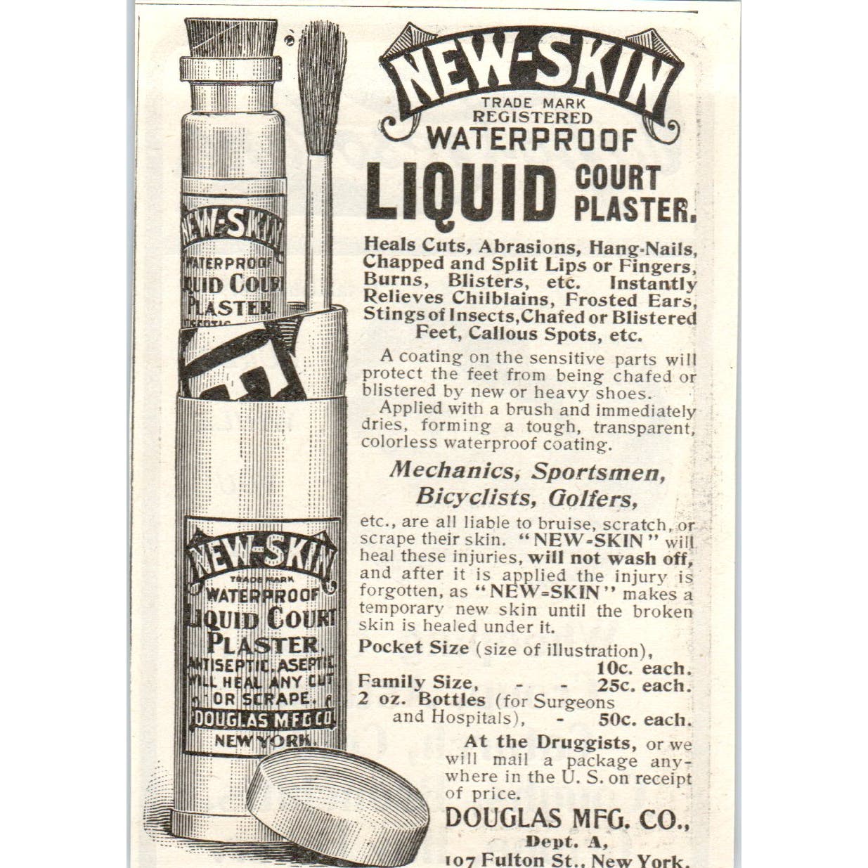 New-Skin Liquid Court Plaster Douglas Mfg Co c1905 Original Advertisement AE7-A2