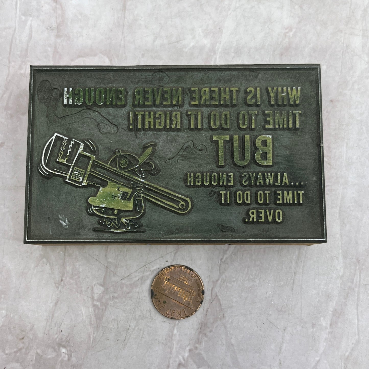 Plumber Pipe Wrench Humor Cartoon Vintage Letterpress Printers Block Plate SB8
