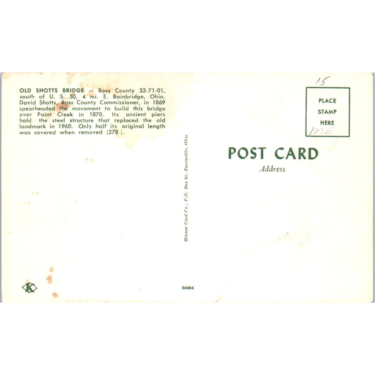 Old Shotts Bridge Ross County Bainbridge Ohio Covered Bridge Postcard PC2