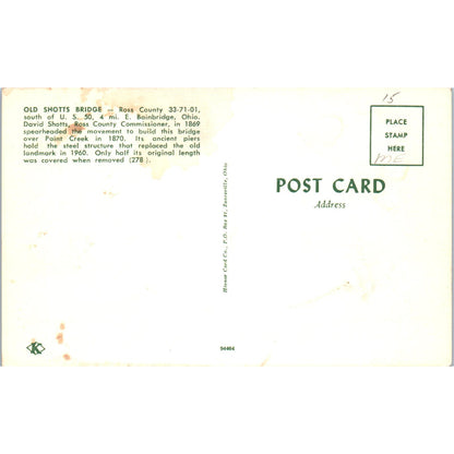 Old Shotts Bridge Ross County Bainbridge Ohio Covered Bridge Postcard PC2