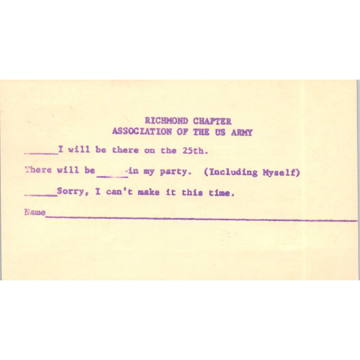 Richmond Chapter Association US Army Russell W. Sterling Postal Mailing Card PE7