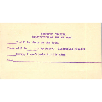Richmond Chapter Association US Army Russell W. Sterling Postal Mailing Card PE7
