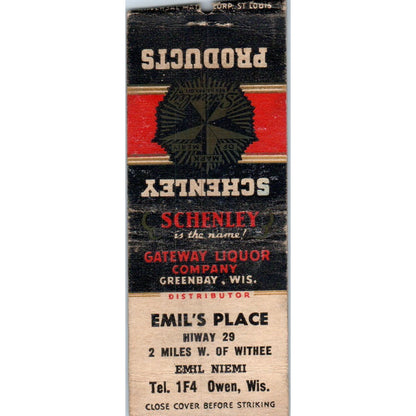 Emil's Place Emil Niemi Owen WI Schenley Products Vintage Matchbook Cover SD2-Y8