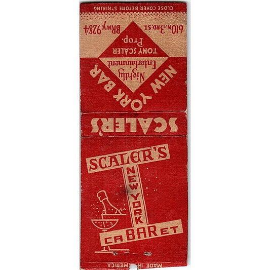 Tony Scaler New York Cabaret Bar Vintage Matchbook Cover SC7-Y7