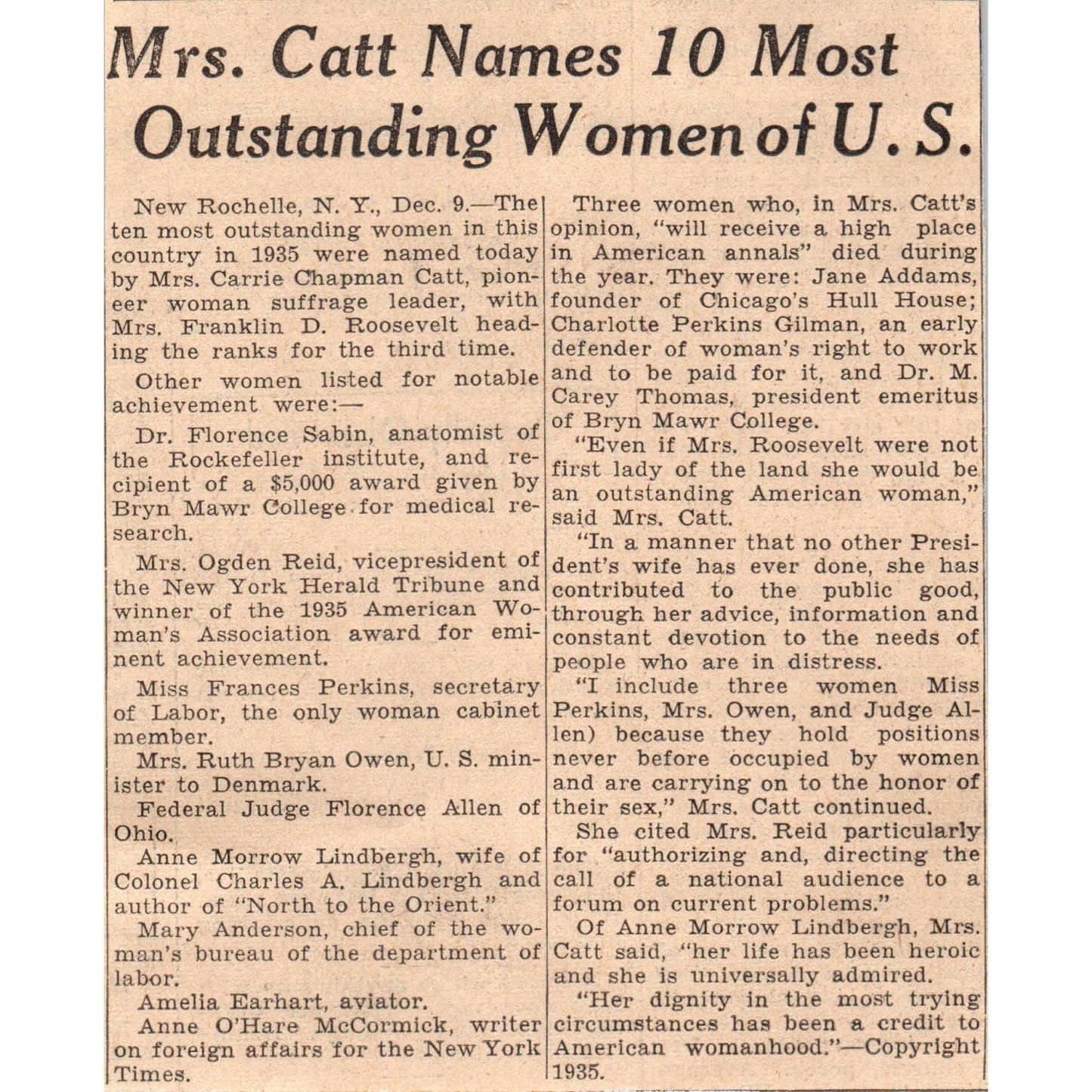 10 Most Outstanding Women in the US Named 1935 Minneapolis Journal Article AE7N3