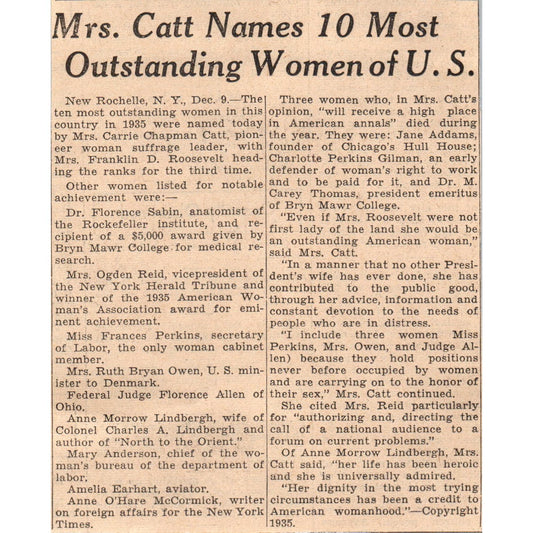 10 Most Outstanding Women in the US Named 1935 Minneapolis Journal Article AE7N3