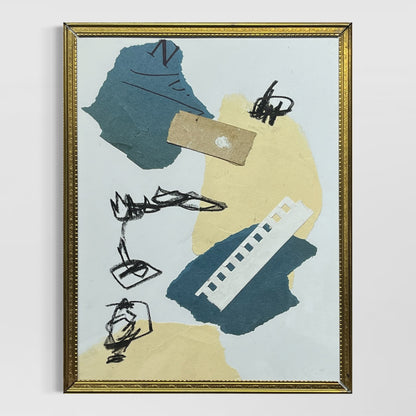 Original Framed Mixed Media Abstract Art Collage 7x9 "Navy Construct III"