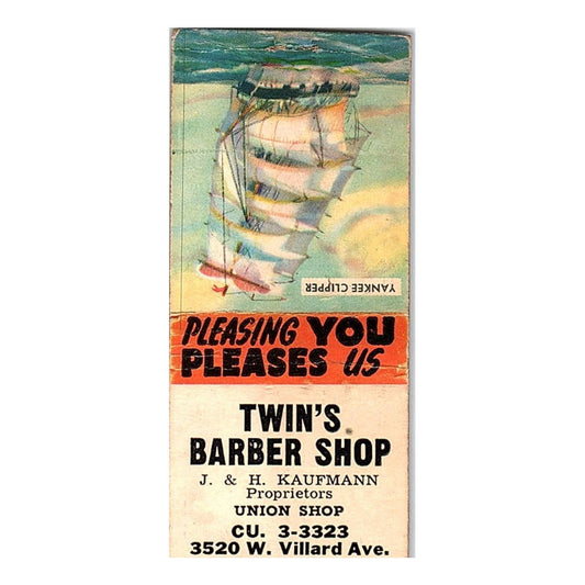 Twin's Barber Shop J&H Kaufmann Milwaukee WI Vintage Matchbook Cover SC7-Y8