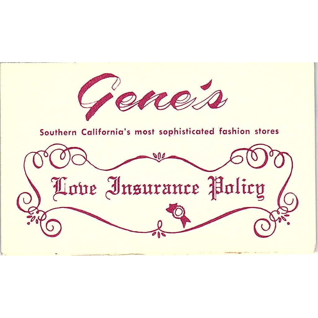 Gene's Love Insurance Policy Fashion Cerritos CA Vintage Business Card SE5-B4