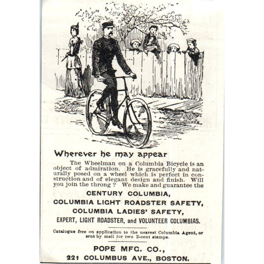 Century Columbia Light Roadster Safety Bicycle Boston c1890 Victorian Ad AE8-CH6