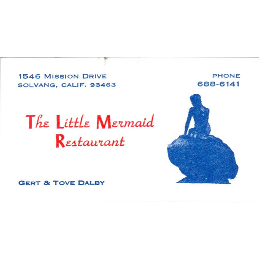 The Little Mermaid Restaurant Gert & Tov Dalby Solvang CA Business Card SD8-B7