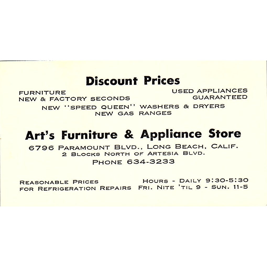 Art's Furniture & Appliance Store Long Beach CA Business Card SF3-B2