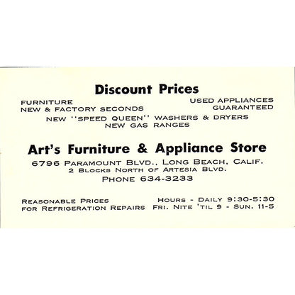 Art's Furniture & Appliance Store Long Beach CA Business Card SF3-B2