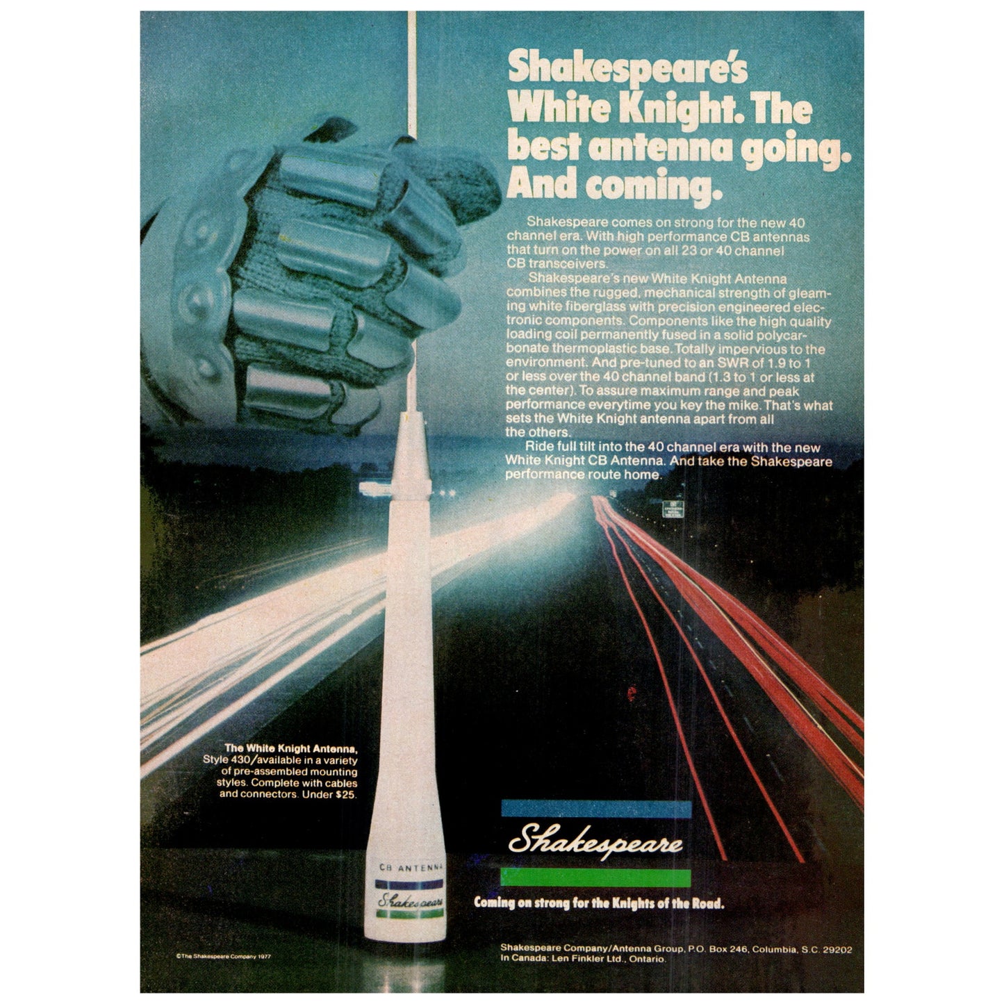 Shakespeare White Knight Antenna Style 430 Columbia SC 1977 Ad D25