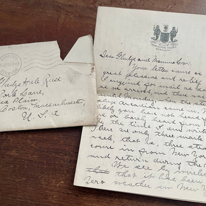1914 Handwritten Letter & Envelope Hamilton Hotel Bermuda Gladys H Russ AF4-1