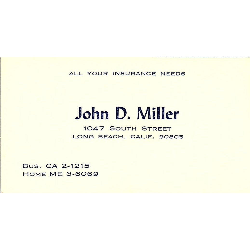 John D Miller Ins Agent Long Beach Vintage Business Card SD9-B11