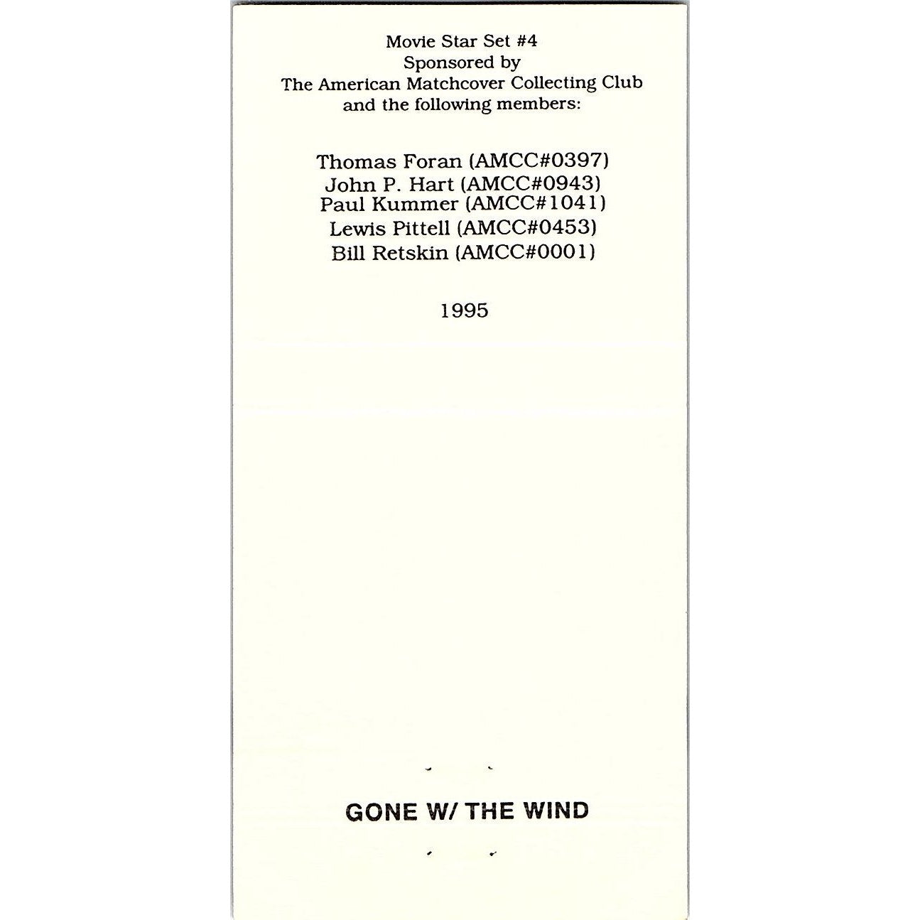Gone With the Wind Clark Gable Vivien Leigh Kiss Matchcover 1995 MM4-10