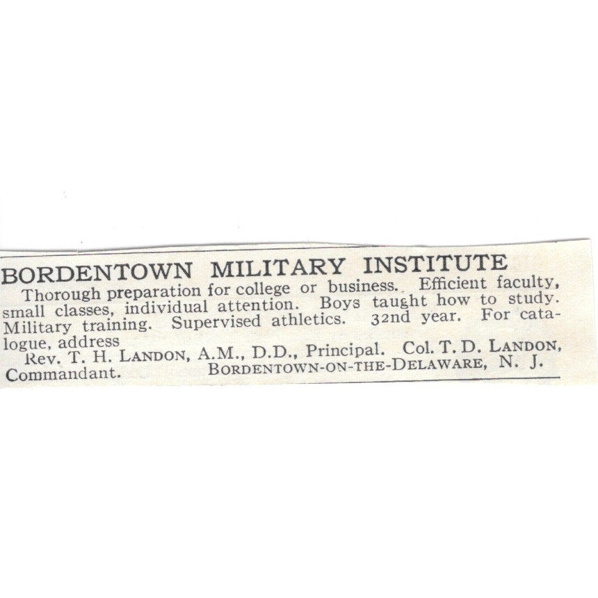 Bordentown Military Institute Bordentown NJ Rev. TH Landon, A.M. c1920 Ad AG4-S7