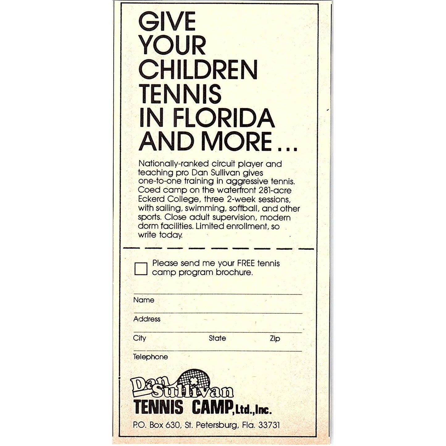 Dan Sullivan Tennis Camp St. Petersburg FL 1977 Ad AF3-Q1