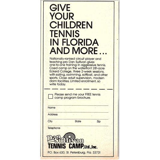 Dan Sullivan Tennis Camp St. Petersburg FL 1977 Ad AF3-Q1