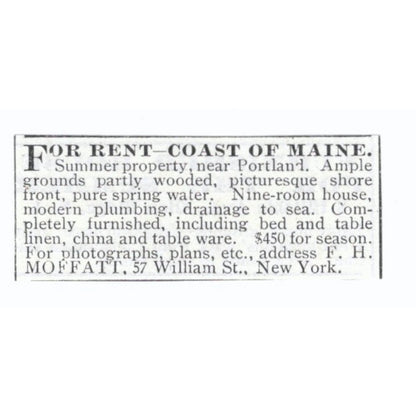 Summer Property Portland Maine F.H. Moffatt NY 1903 Magazine Ad AF7-SS3