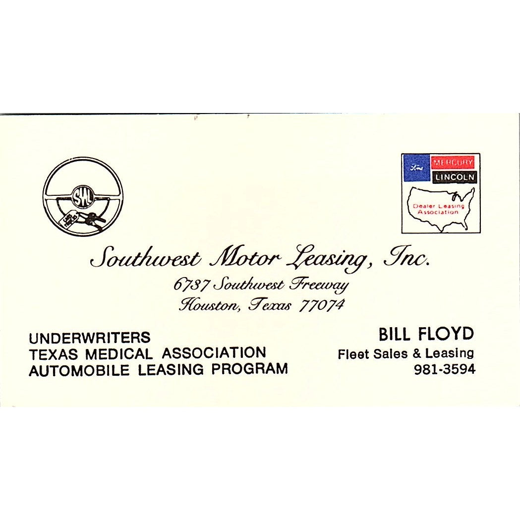 Bill Floyd Southwest Motor Leasing Co Houston Vintage Business Card SC9-B13