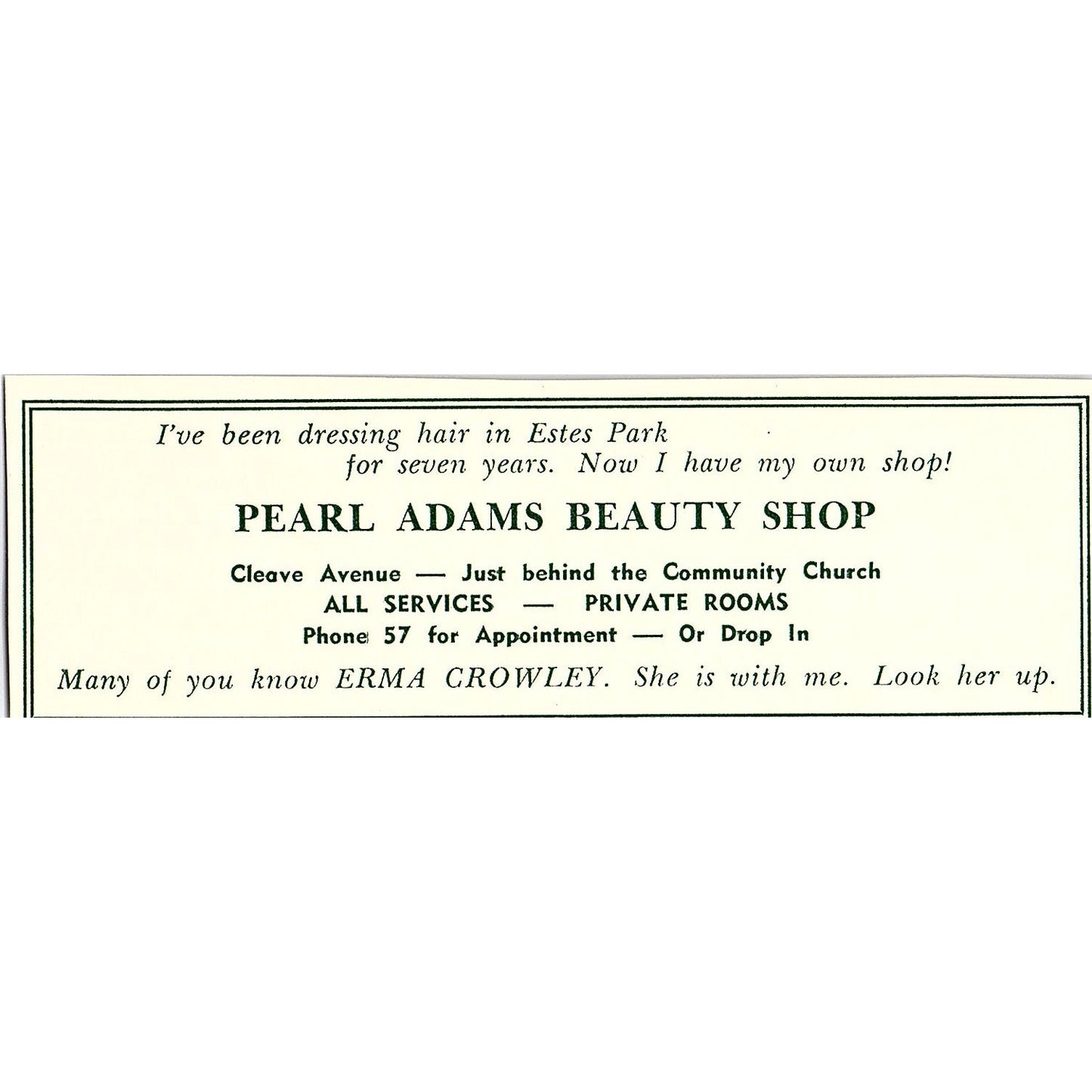 Chubby Chuck Sandwiches, Pearl Adams Beauty Shop 1957 Estes Park CO Ad AG4-M1