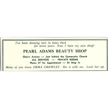 Chubby Chuck Sandwiches, Pearl Adams Beauty Shop 1957 Estes Park CO Ad AG4-M1