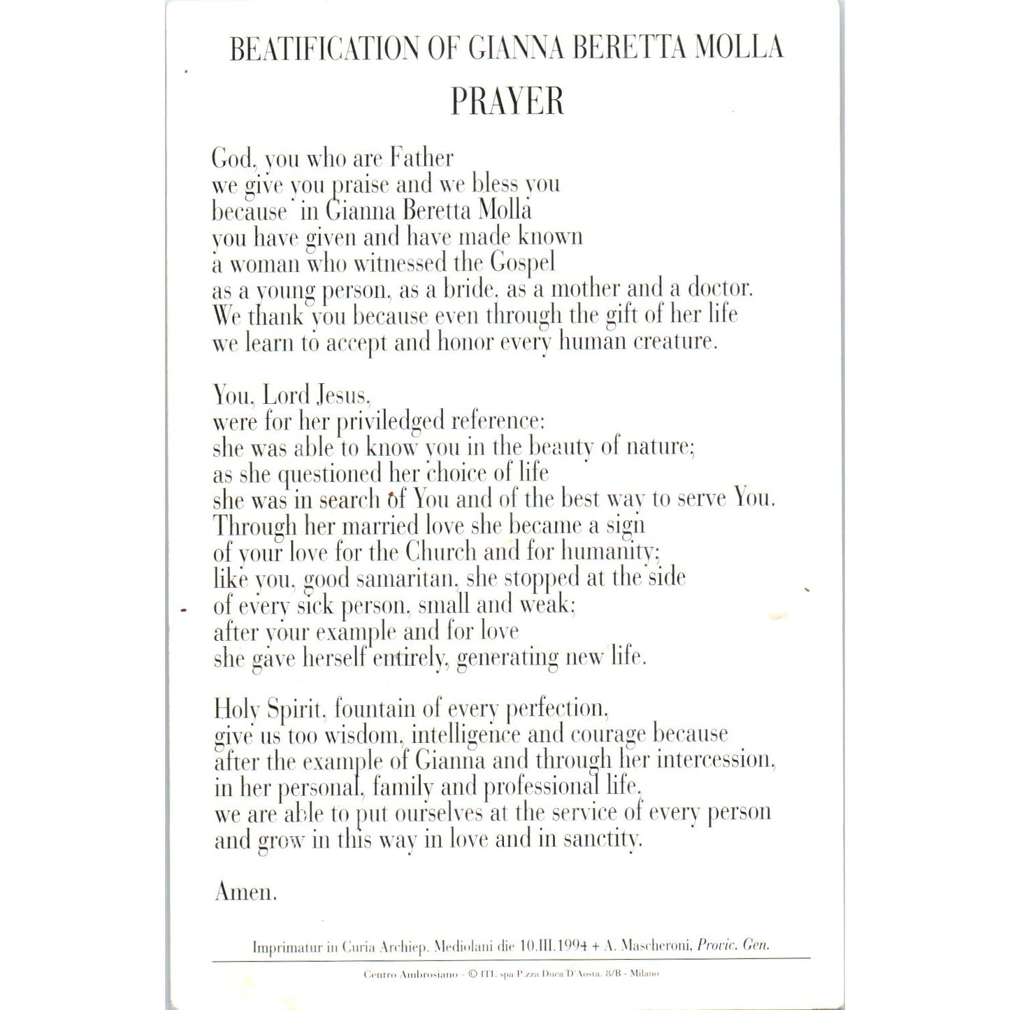 Beatification of Gianna Beretta Molla Vintage Catholic Prayer Card TH2-PC1