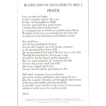 Beatification of Gianna Beretta Molla Vintage Catholic Prayer Card TH2-PC1