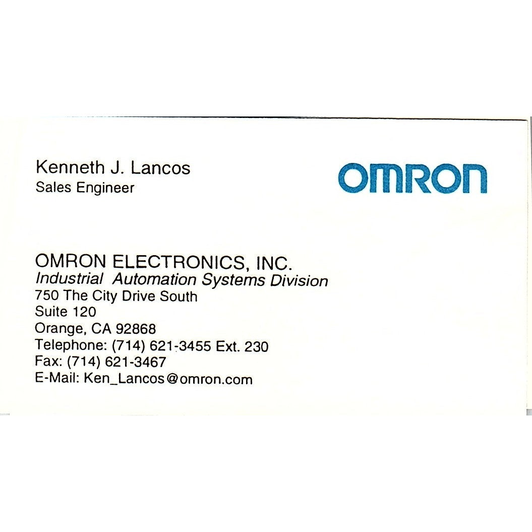 Kennery J Lancos Omron Electronics Orange CA Vintage Business Card SC9-B11