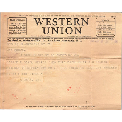 1930 Western Union Telegram George E. Searl Death Schenectady NY AE6