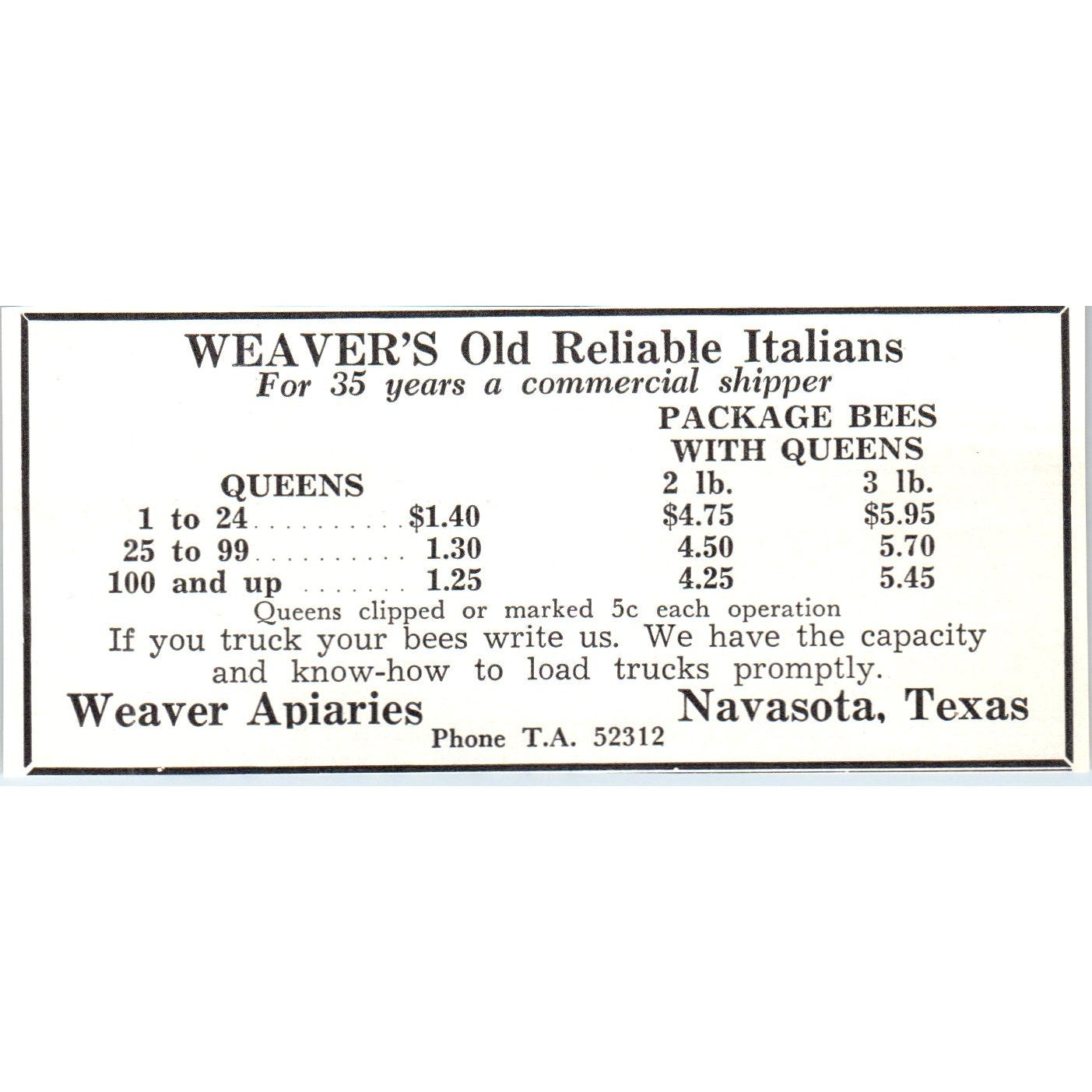 Weaver Apiaries Reliable Italians Navasota Texas 1961 Magazine Ad AB6-LB