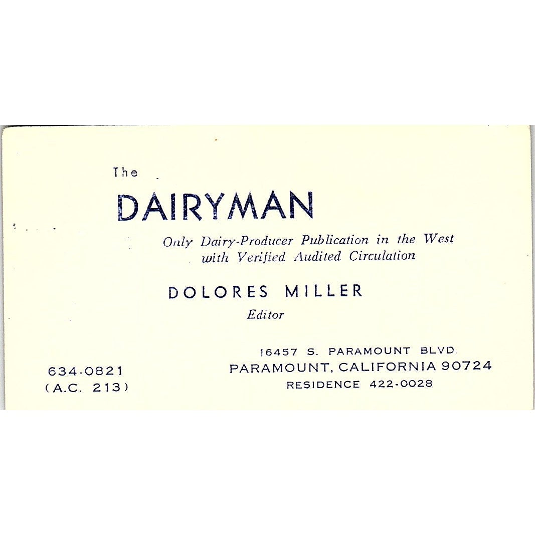 Dolores Miller The Dairyman Paramount CA Vintage Business Card SD9-B10