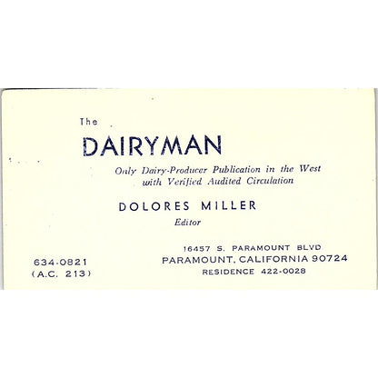 Dolores Miller The Dairyman Paramount CA Vintage Business Card SD9-B10