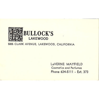 Bullock's Lakewood Laverne Mayfield Lakewood CA Vintage Business Card SB4-B8